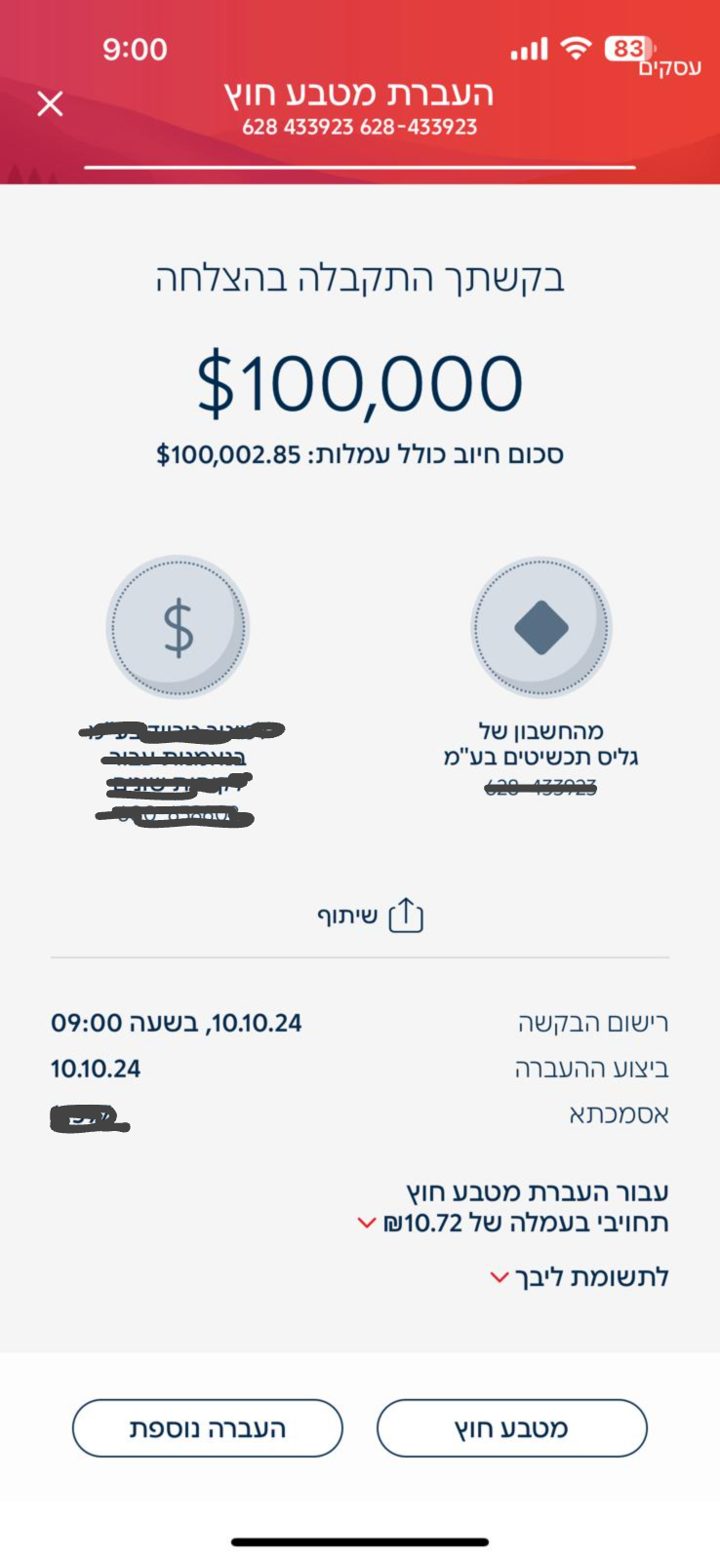 אישור העברה של 100,000 דולר